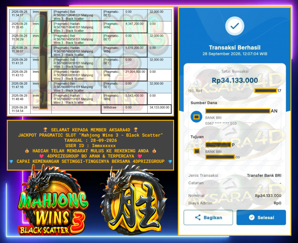 AKSARA4D PRAGMATIC SLOT βMahjong Wins 3 β Black Scatterβ Rp34,133,000,- LUNAS