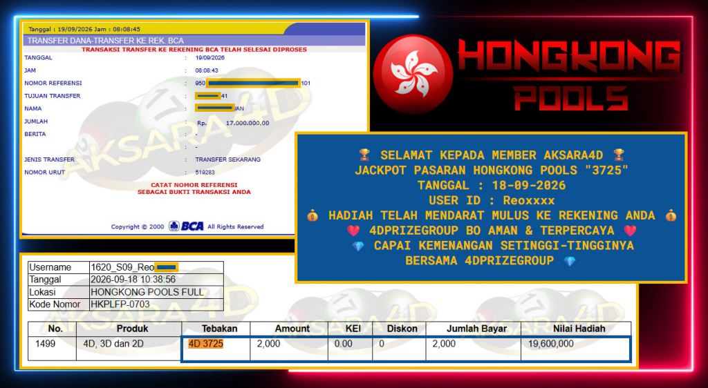 AKSARA4D JACKPOT PASARAN HONGKONG POOLS “3725”‌‌‌‎ Rp17.000.000,- LUNAS