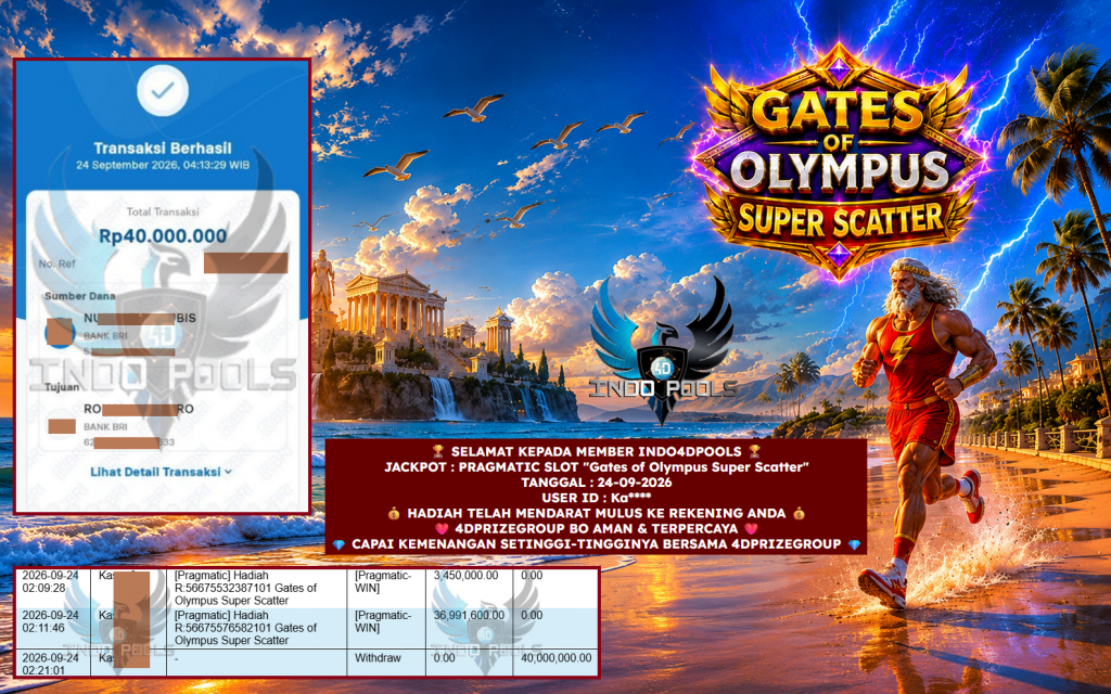 INDO4DPOOLS JACKPOT PRAGMATIC SLOT “Gates of Olympus Super Scatter” Rp 40.000.000,- LUNAS