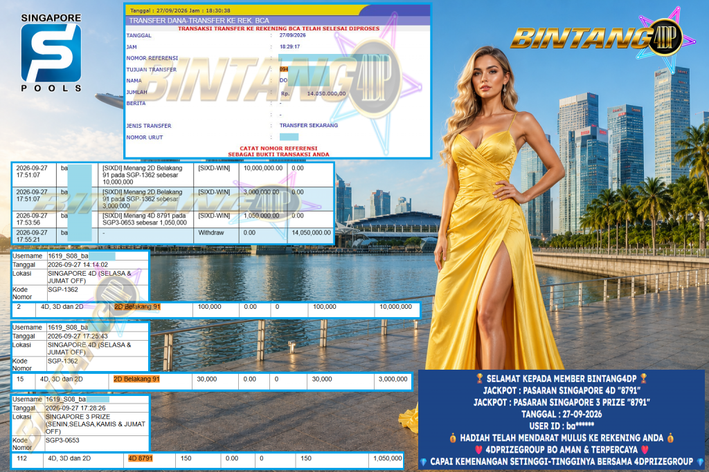 BINTANG4DP JACKPOT PASARAN SINGAPORE 4D “8791” &  PASARAN SINGAPORE 3 PRIZE “8791” Rp 14.050.000,- LUNAS