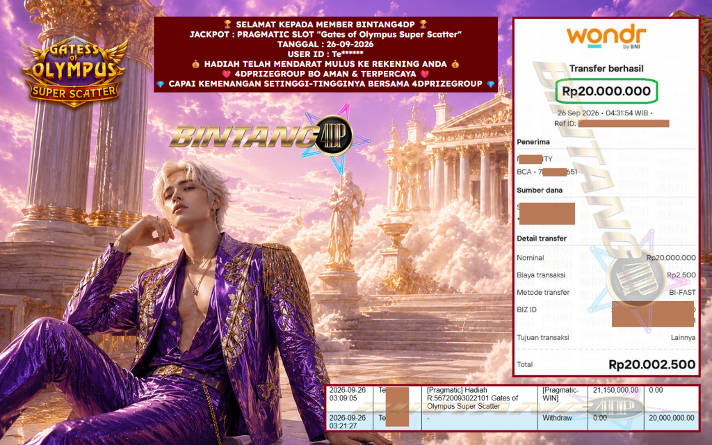 BINTANG4DP JACKPOT PRAGMATIC SLOT “Gates of Olympus Super Scatter” Rp 20.000.000,- LUNAS