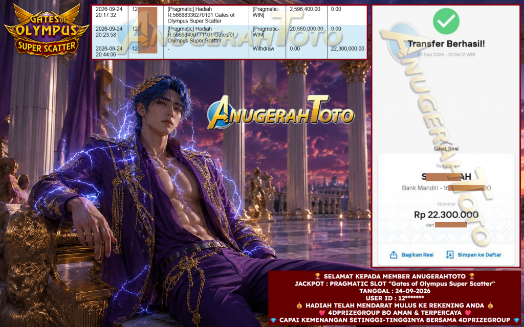 ANUGERAHTOTO JACKPOT PRAGMATIC SLOT “Gates of Olympus Super Scatter” Rp 22.300.000,- LUNAS