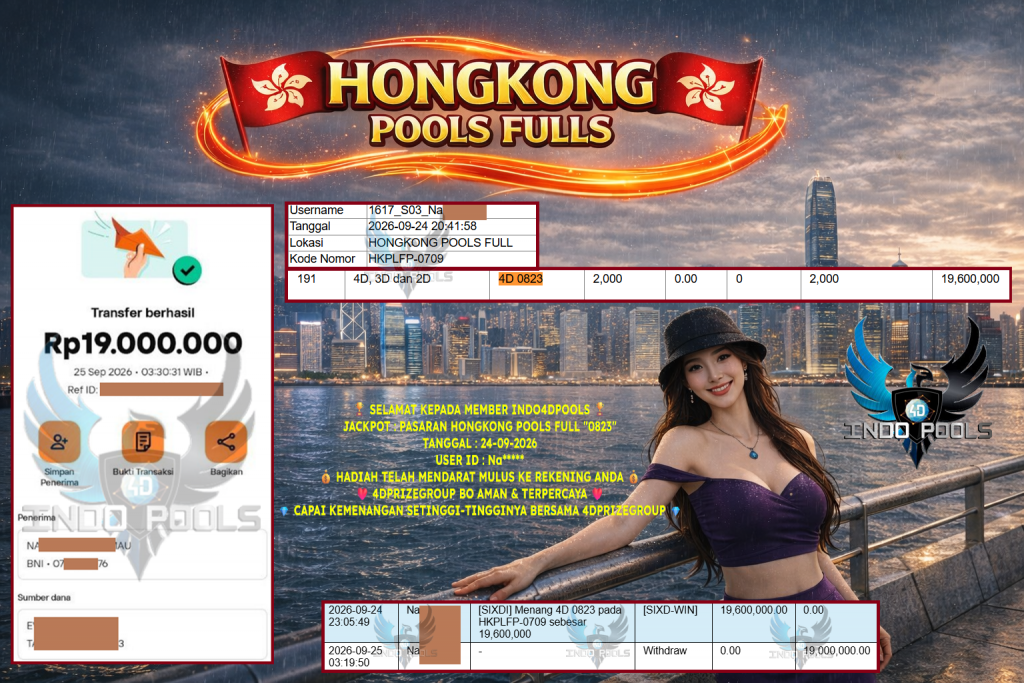 INDO4DPOOLS JACKPOT PASARAN HONGKONG POOLS FULL “0823” Rp 19.000.000,- LUNAS