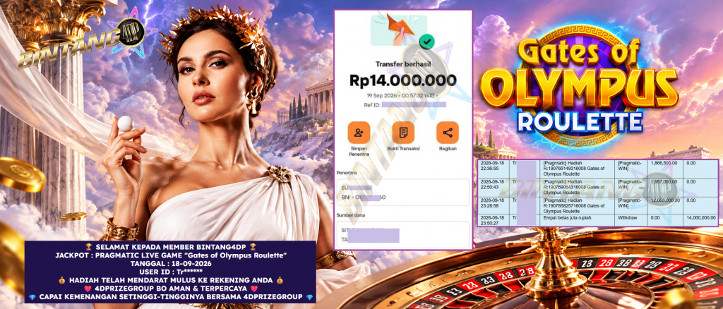 BINTANG4DP JACKPOT PRAGMATIC LIVE GAME “Gates of Olympus Roulette” ‎‏‏‎Rp 14.000.000,- LUNAS