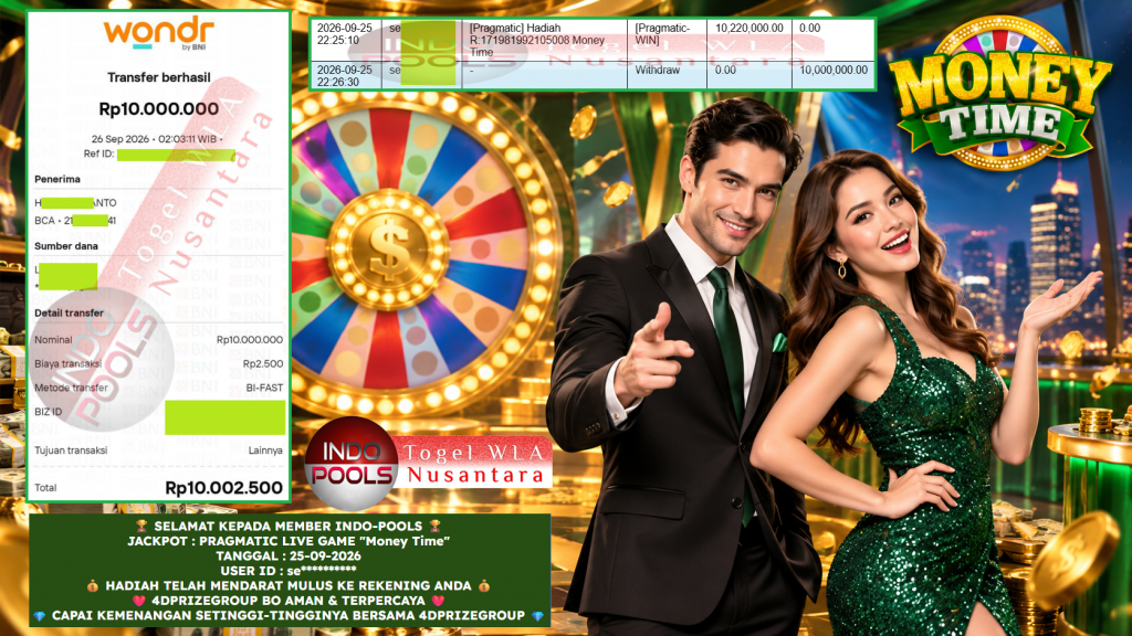 INDO-POOLS JACKPOT PRAGMATIC LIVE GAME βMoney Timeβ ββββRp 10.000.000,- LUNAS