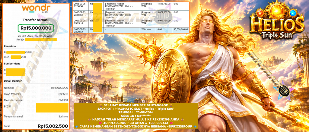 BINTANG4DP JACKPOT PRAGMATIC SLOT “Helios – Triple Sun” Rp 15.000.000,- LUNAS