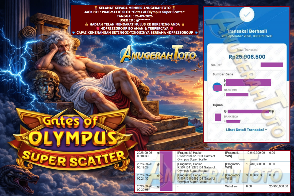 ANUGERAHTOTO JACKPOT PRAGMATIC SLOT “Gates of Olympus Super Scatter” Rp 25.900.000,- LUNAS