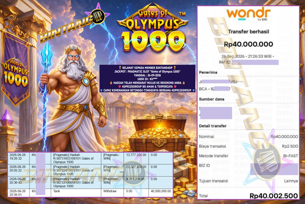 BINTANG4DP JACKPOT PRAGMATIC SLOT “Gates of Olympus 1000” Rp 40.000.000,- LUNAS