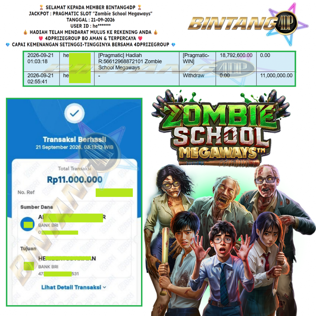 BINTANG4DP JACKPOT PRAGMATIC SLOT βZombie School Megawaysβ Rp 11.000.000,- LUNAS