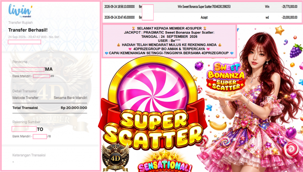 4DSUPER JACKPOT PRAGMATIC “Sweet Bonanza Super Scatter:”‎‏‏‎‎ Rp20.000.000,- LUNAS
