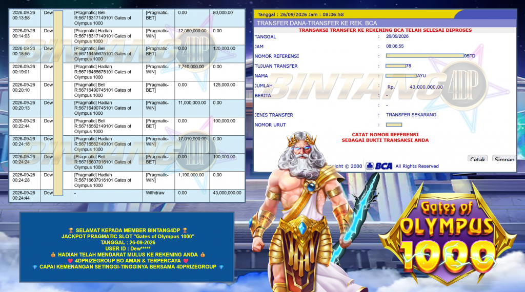 BINTANG4DP JACKPOT PRAGMATIC SLOT “Gates of Olympus 1000” Rp43.000.000,- LUNAS