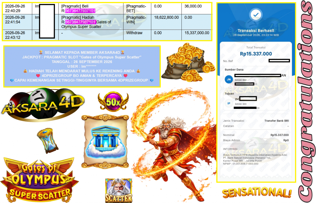 AKSARA4D JACKPOT PRAGMATIC SLOT ”Gates of Olympus Super Scatter” Rp15.337.000,- LUNAS