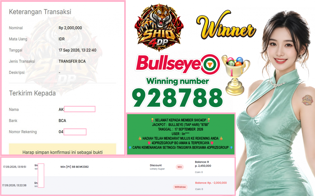 SHIO4DP JACKPOT BULLSEYE (TIAP HARI) “8788”‎‏‏‎ Rp2.000.000,- LUNAS