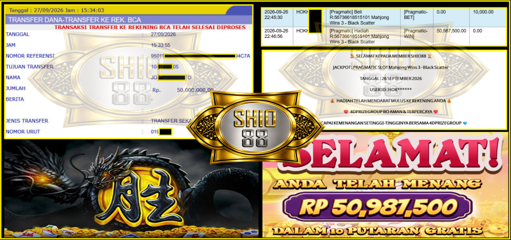SHIO88 JACKPOT PRAGMATIC SLOT ”Mahjong Wins 3 – Black Scatter” Rp50.000.000,- LUNAS