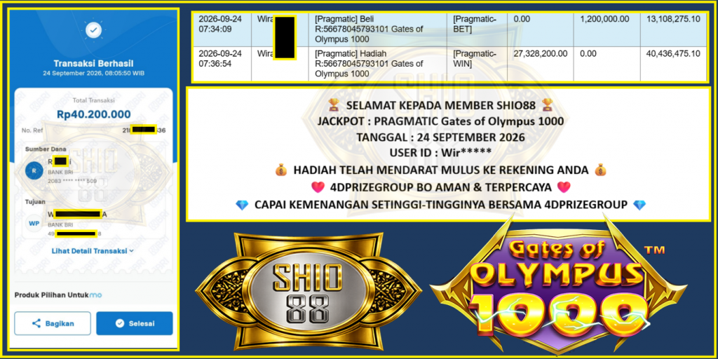SHIO88 JACKPOT PRAGMATIC SLOT “Gates of Olympus 1000” Rp 40.200.000,- LUNAS