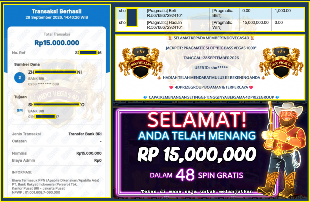 INDOVEGAS4D PRAGMATIC SLOT “BIG BASS VEGAS 1000” Rp15.000.000,- LUNAS