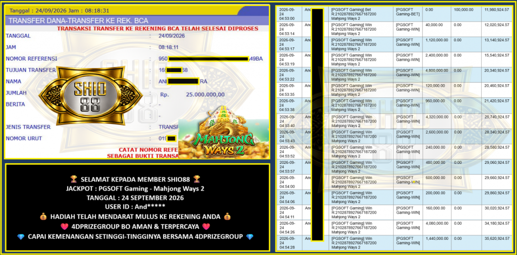 SHIO88 JACKPOT PGSOFT Gaming “Mahjong Ways 2” ‎‎‏‏‎‎‏‏Rp 25.000.000,- LUNAS