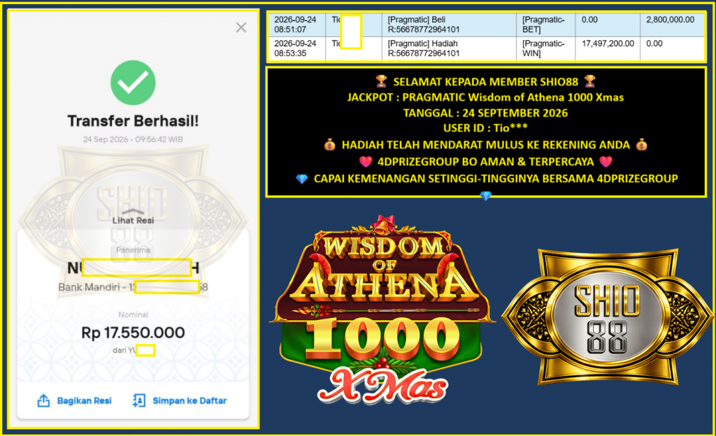 SHIO88 JACKPOT PRAGMATIC SLOT “Wisdom of Athena 1000 Xmas” Rp 17.550.000,- LUNAS