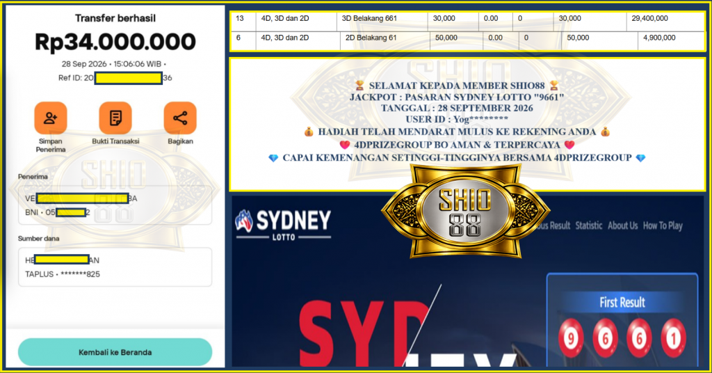 SHIO88 JACKPOT SYDNEY LOTTO “9661”‎‏‏‎‎ Rp34.000.000,- LUNAS