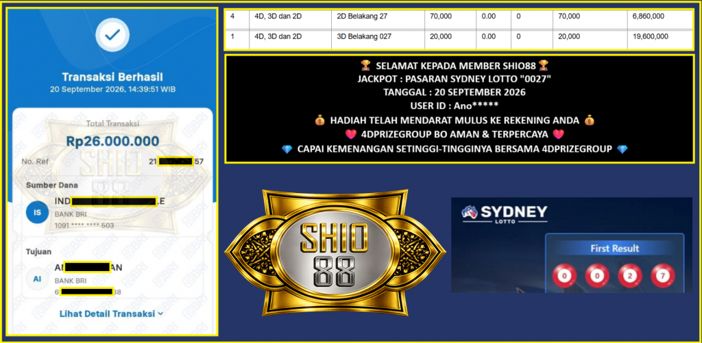 SHIO88 JACKPOT SYDNEY LOTTO “0027”‎‏‏‎ Rp 26.000.000,- LUNAS