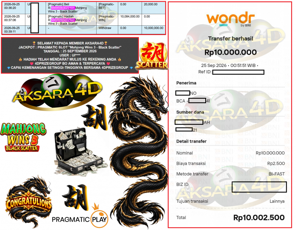 AKSARA4D JACKPOT PRAGMATIC SLOT ”Mahjong Wins 3 – Black Scatter” Rp10.000.000,- LUNAS