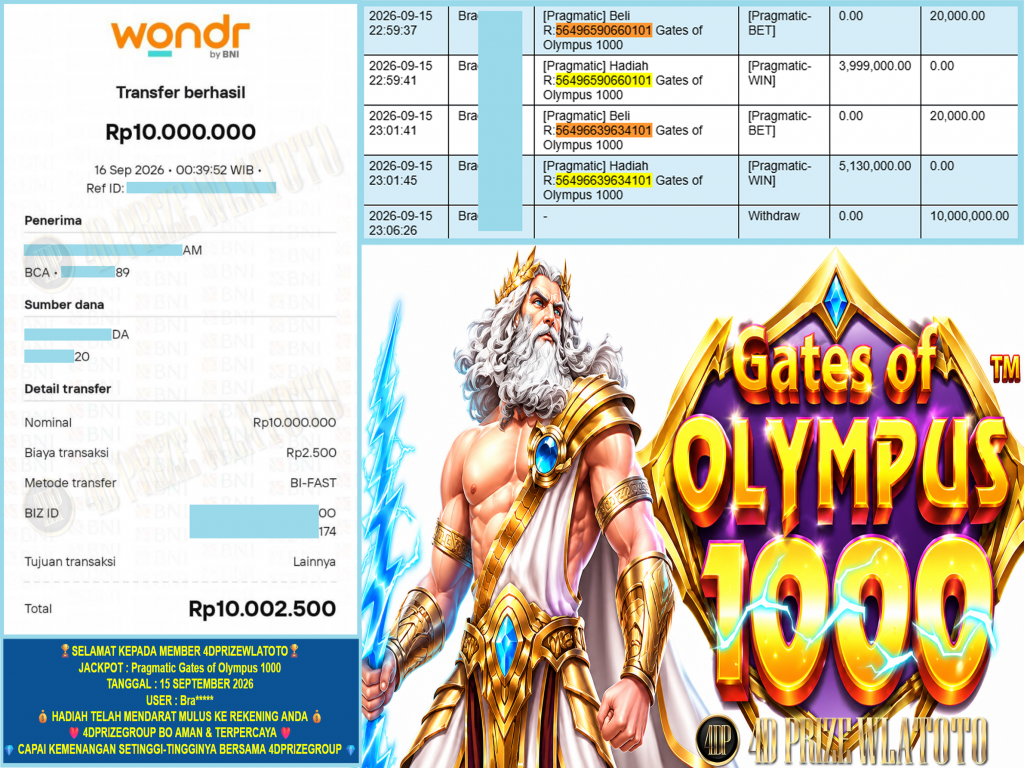 4DPRIZEWLATOTO JACKPOT PRAGMATIC “Gates of Olympus 1000” Rp.10.000.000,-LUNAS
