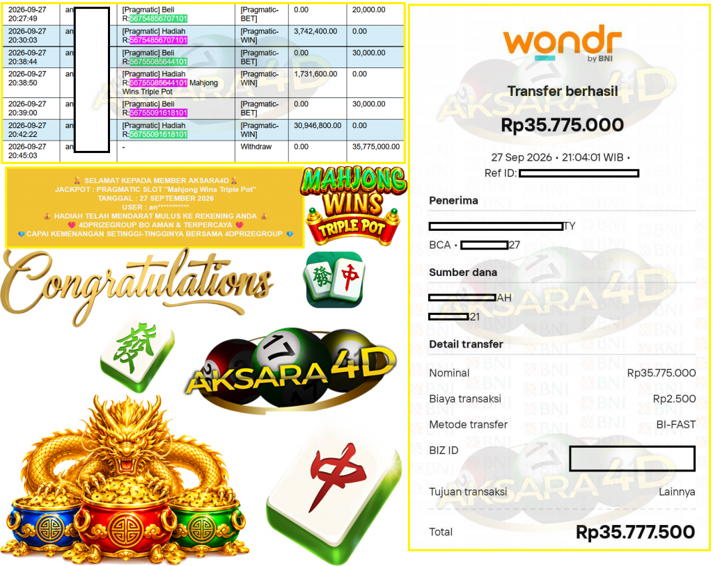AKSARA4D JACKPOT PRAGMATIC SLOT ”Mahjong Wins Triple Pot” Rp35.775.000,- LUNAS