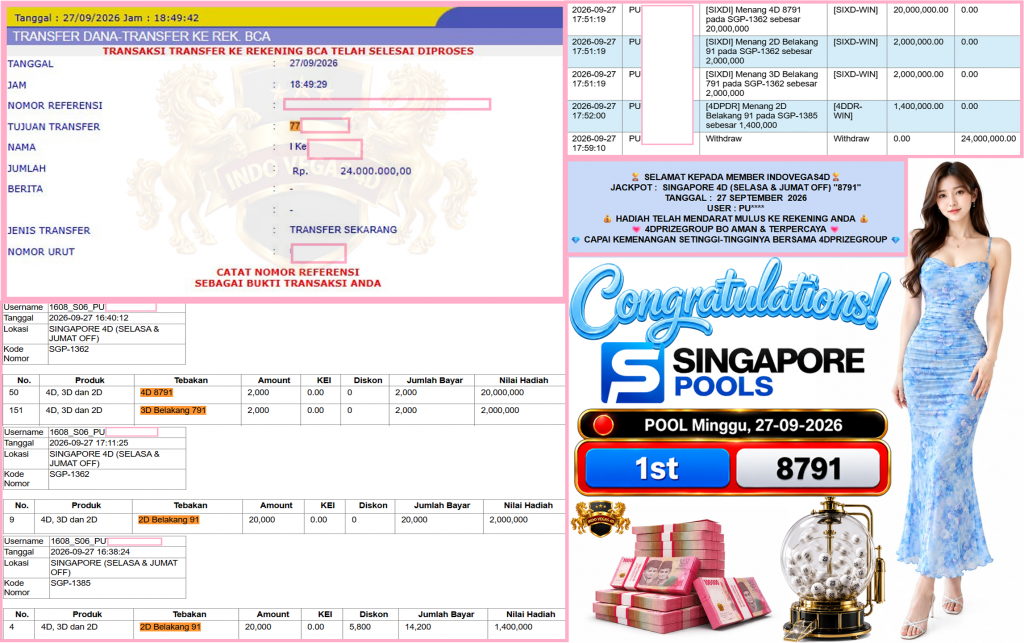 INDOVEGAS4D JACKPOT SINGAPORE 4D (SELASA & JUMAT OFF) “8791”‎‏‏‎ Rp24.000.000,- LUNAS