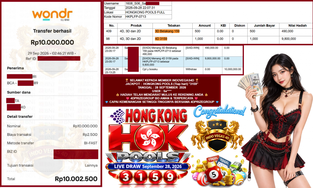 INDOVEGAS4D JACKPOT HONGKONG POOLS (Tiap hari) “3159”‎‏‏‎‎ Rp10.000.000,- LUNAS