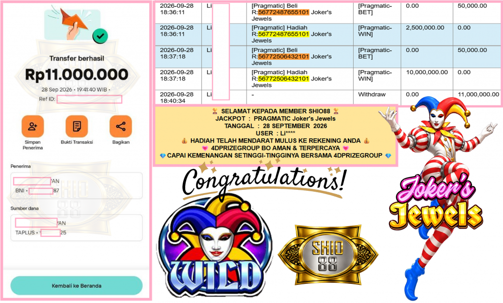 SHIO88 JACKPOT PRAGMATIC “Joker’s Jewels”‎‏‏‎‎ Rp11.000.000,- LUNAS