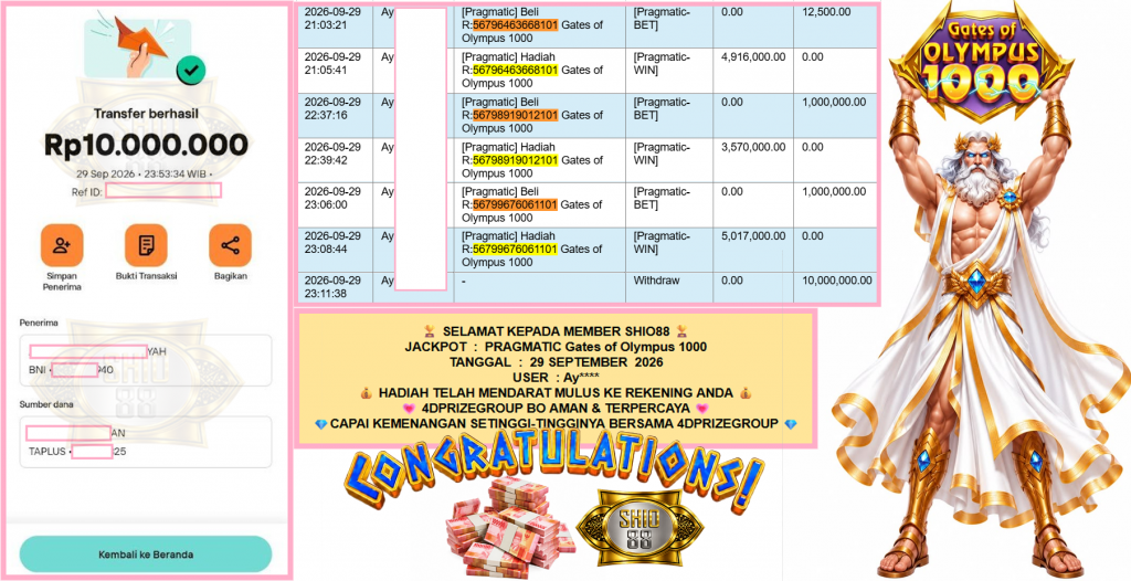 SHIO88 JACKPOT PRAGMATIC “Gates of Olympus 1000″ Rp10.000.000,- LUNAS
