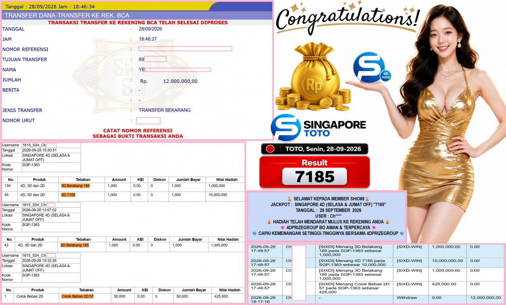 SHIO88 JACKPOT SINGAPORE 4D (SELASA & JUMAT OFF) “7185”‎‏‏‎ Rp12.000.000,- LUNAS