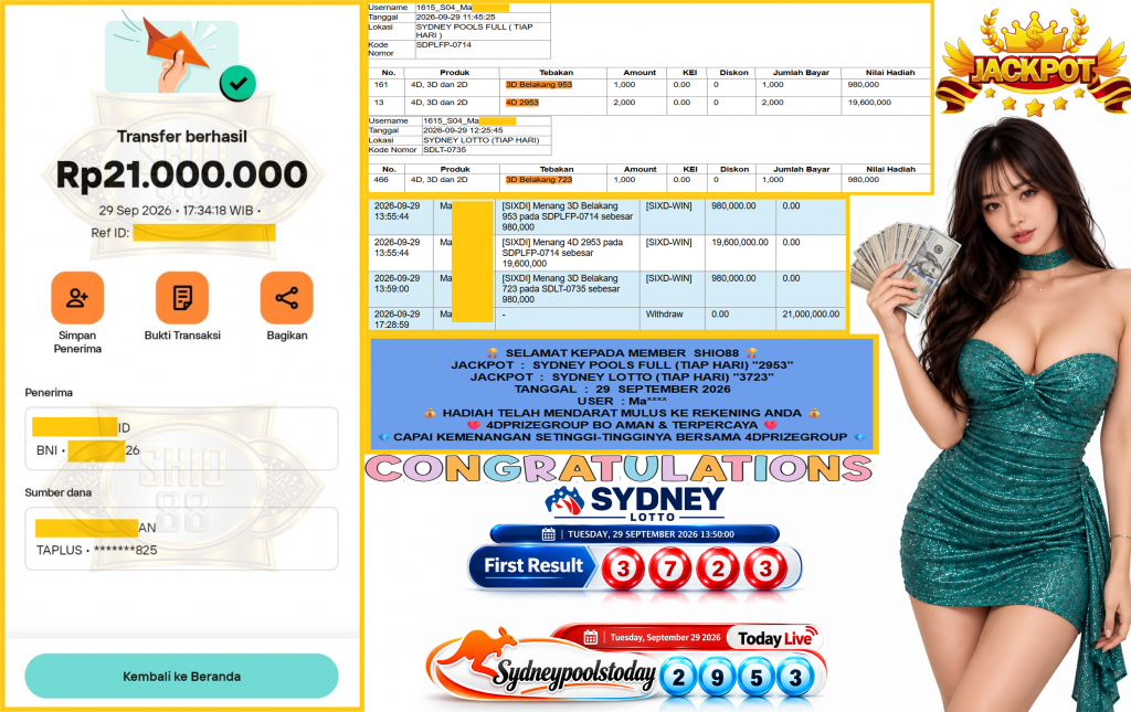 SHIO88 JACKPOT SYDNEY POOLS FULL (TIAP HARI) “2953” & SYDNEY LOTTO (TIAP HARI) “3723”‎‏‏‎ Rp21.000.000,- LUNAS