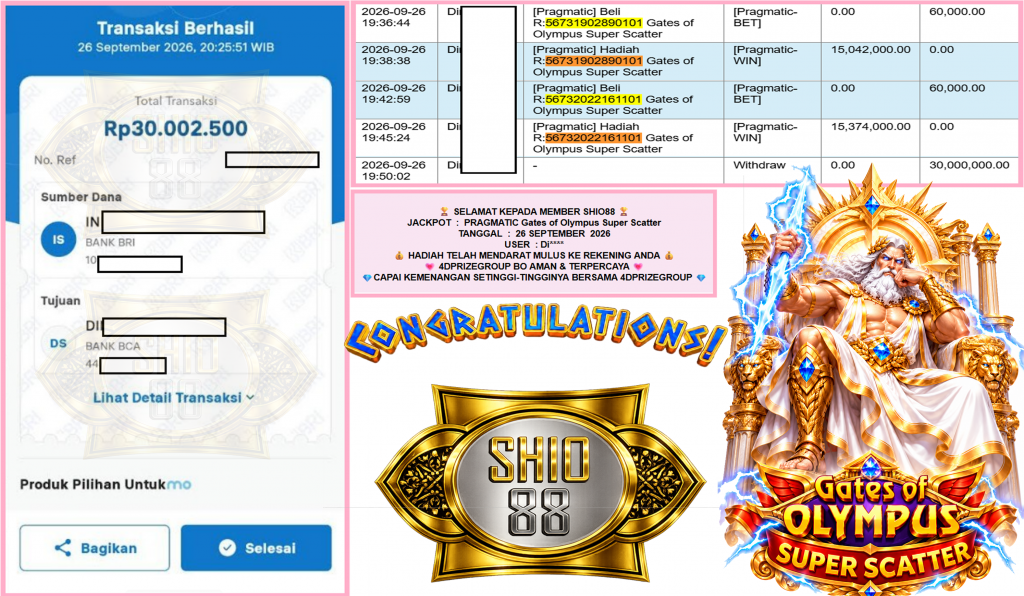 SHIO88 JACKPOT PRAGMATIC “Gates of Olympus Super Scatter”‎‏‏‎‎ Rp30.000.000,- LUNAS