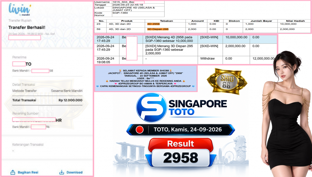 SHIO88 JACKPOT SINGAPORE 4D (SELASA & JUMAT OFF) “2958”‎‏‏‎ Rp12.000.000,- LUNAS