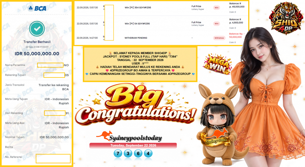 SHIO4DP JACKPOT SYDNEY POOLS FULL (TIAP HARI) “7364”‎‏‏‎ Rp50.000.000,- LUNAS