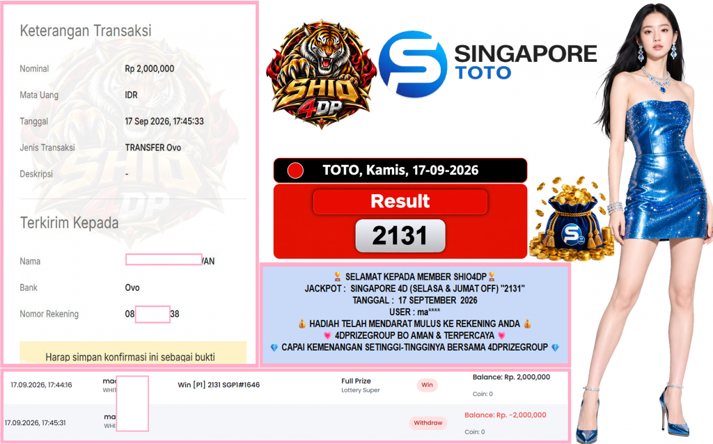 SHIO4DP JACKPOT SINGAPORE 4D (SELASA & JUMAT OFF) “2131”‎‏‏‎ Rp2.000.000,- LUNAS