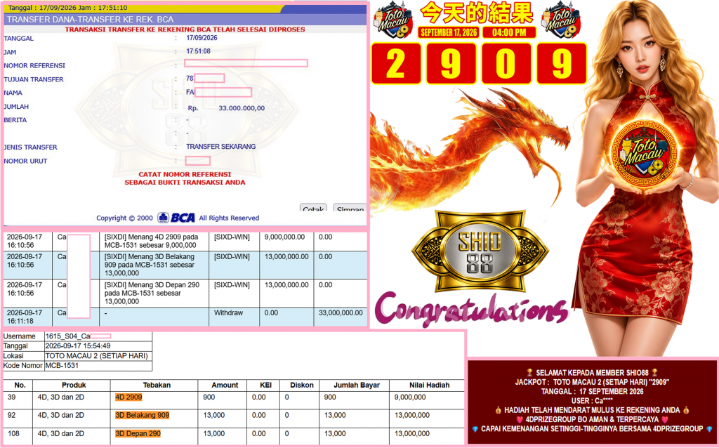 SHIO88 JACKPOT TOTO MACAU 2 (SETIAP HARI) “2909”‎‏‏‎ Rp33.000.000,- LUNAS