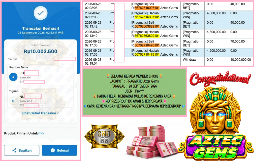 SHIO88 JACKPOT PRAGMATIC “Aztec Gems”‎‏‏‎‎ Rp10.000.000,- LUNAS