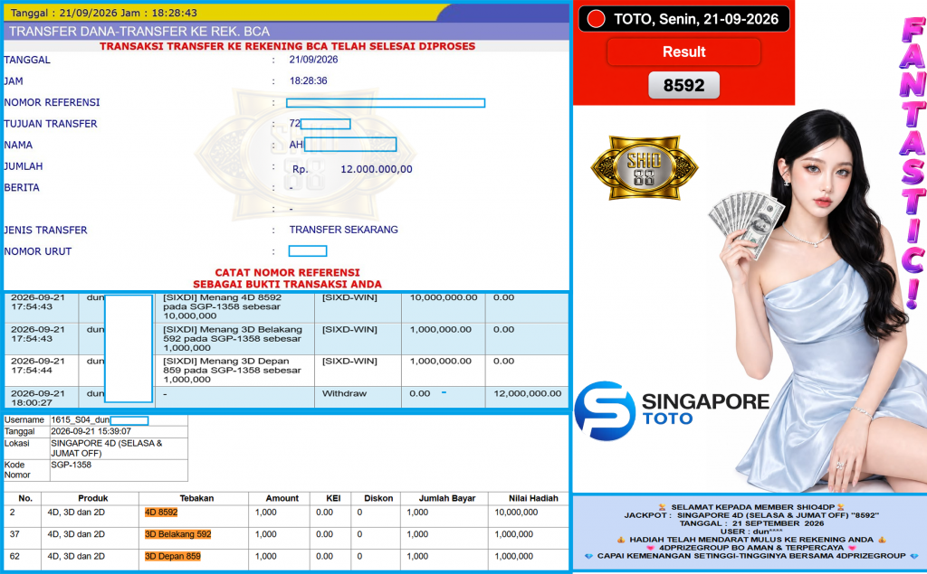 SHIO4DP JACKPOT SINGAPORE 4D (SELASA & JUMAT OFF) “8592”‎‏‏‎ Rp12.000.000,- LUNAS