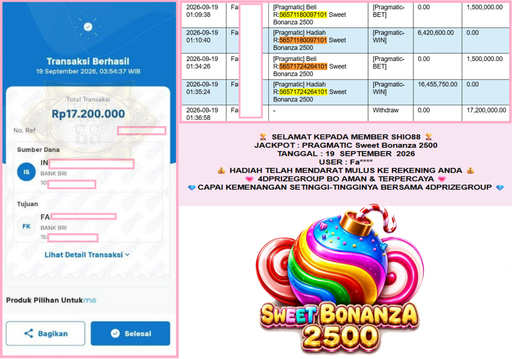 SHIO88 JACKPOT PRAGMATIC “Sweet Bonanza 2500″‎‏‏‎‎ Rp17.200.000,- LUNAS
