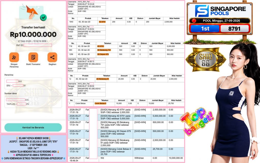 SHIO88 JACKPOT SINGAPORE 4D (SELASA & JUMAT OFF) “8791”‎‏‏‎ Rp10.000.000,- LUNAS