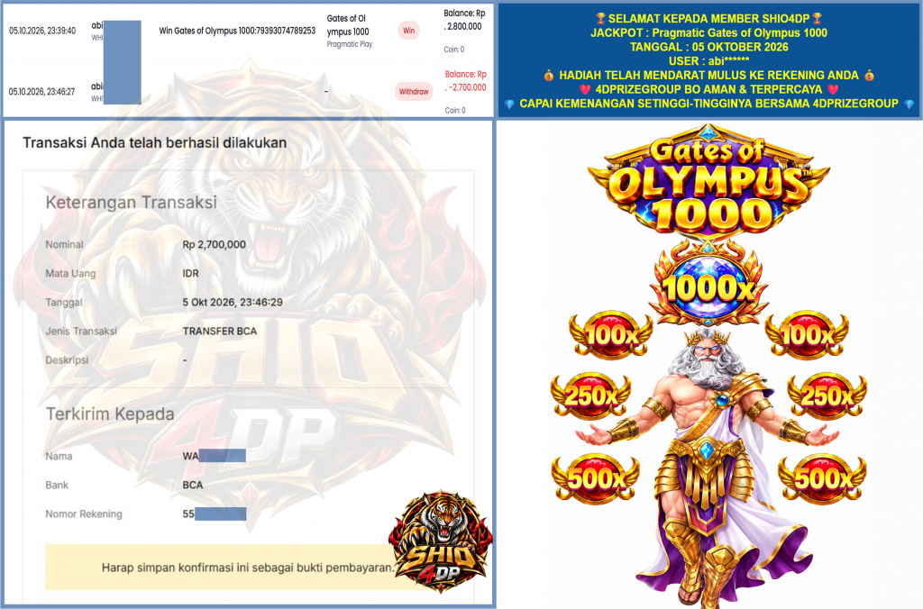 SHIO4DP JACKPOT PRAGMATIC “Gates of Olympus 1000” Rp.2.700.000,-LUNAS