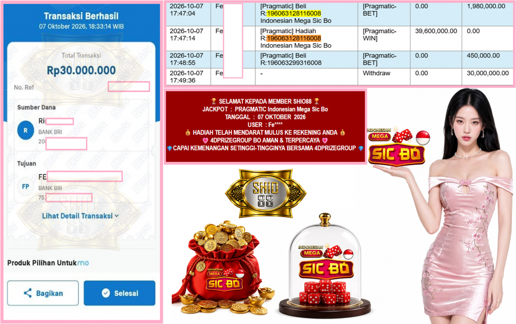 SHIO88 JACKPOT PRAGMATIC “Indonesian Mega Sic Bo” Rp30.000.000,- LUNAS