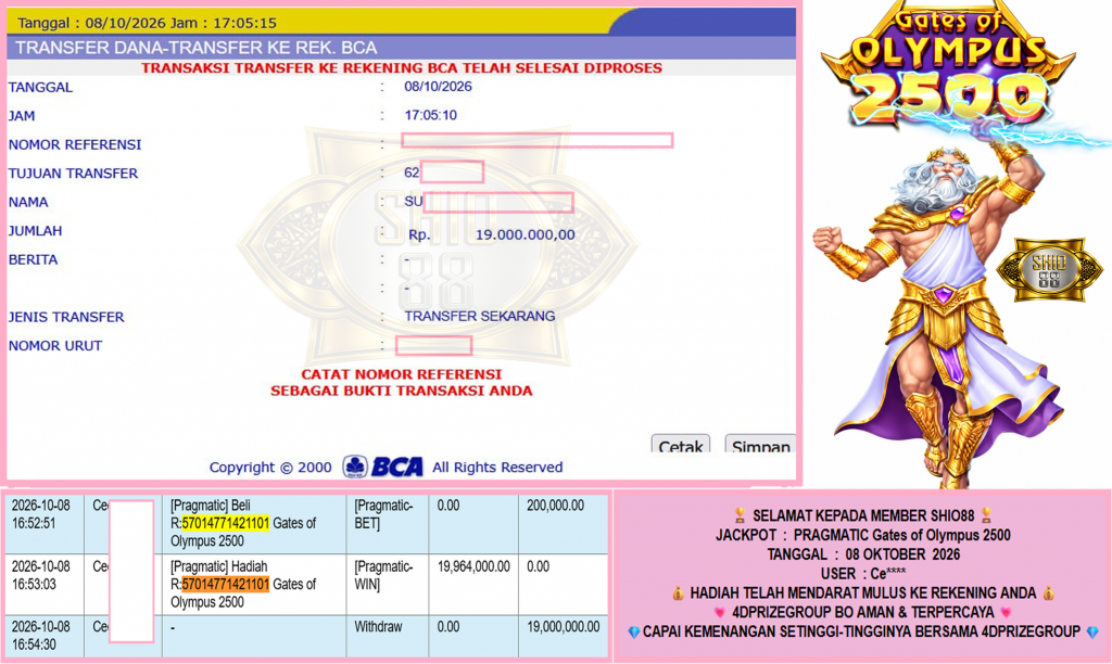 SHIO88 JACKPOT PRAGMATIC “Gates of Olympus 2500″ Rp19.000.000,- LUNAS