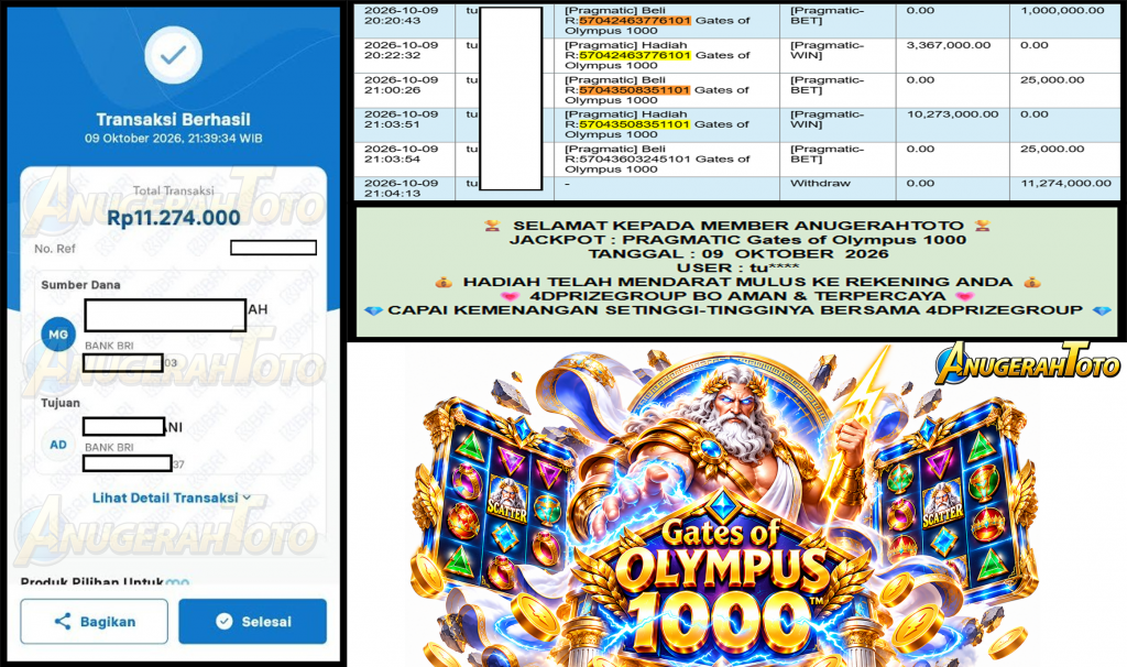 ANUGERAHTOTO JACKPOT PRAGMATIC “Gates of Olympus 1000″ Rp11.274.000,- LUNAS