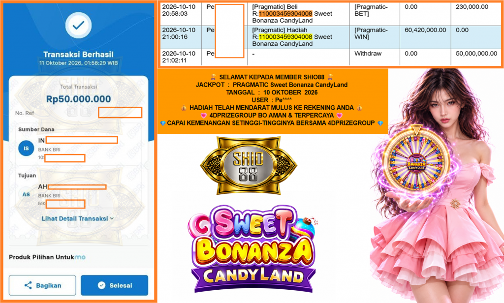 SHIO88 JACKPOT PRAGMATIC “Sweet Bonanza CandyLand” Rp50.000.000,- LUNAS