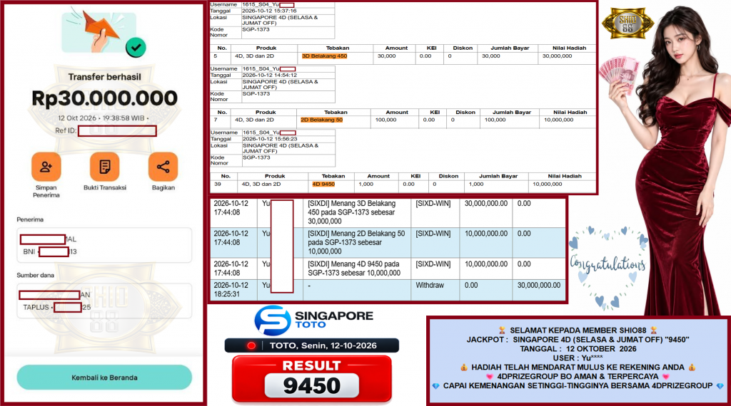SHIO88 JACKPOT SINGAPORE 4D (SELASA & JUMAT OFF) “9450”‎‏‏‎ Rp30.000.000,- LUNAS