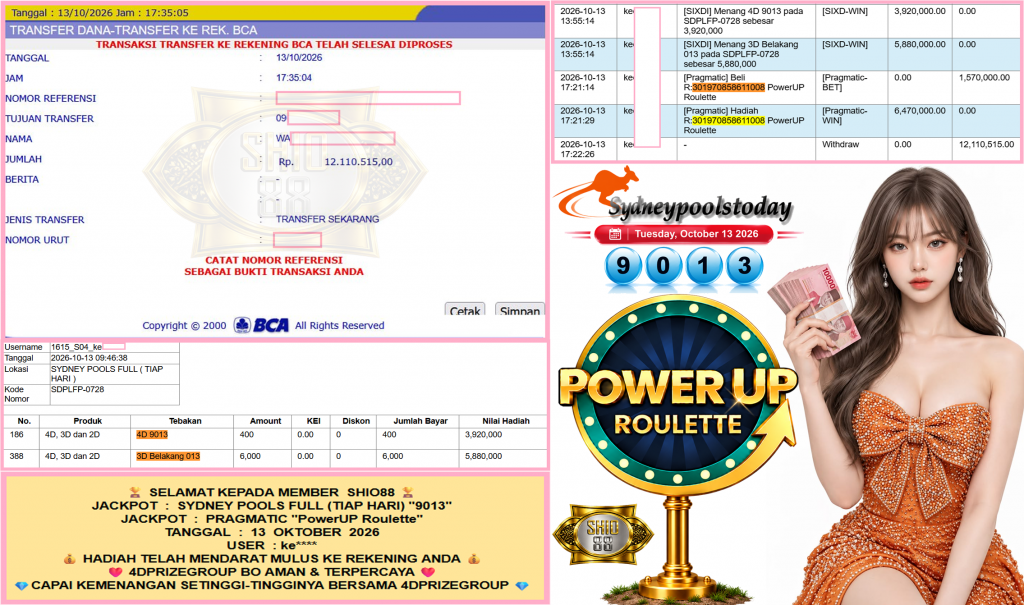 SHIO88 JACKPOT SYDNEY POOLS FULL (TIAP HARI) “9013”‎‏‏‎ & PRAGMATIC “PowerUP Roulette” Rp12.110.515,- LUNAS