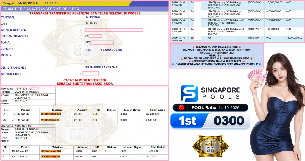 SHIO88 JACKPOT SINGAPORE 4D (SELASA & JUMAT OFF) “0300”‎‏‏‎ Rp31.000.000,- LUNAS